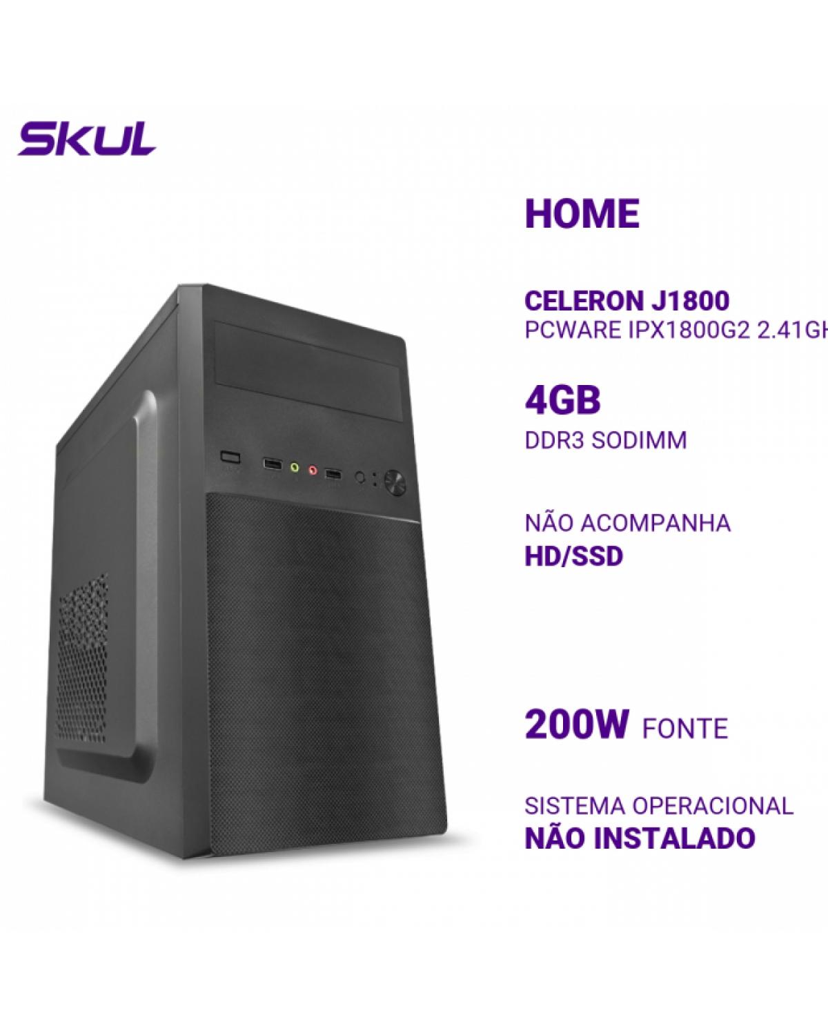 COMPUTADOR HOME H100 CELERON J1800 PCWARE IPX1800G2 2.41GHZ MEM 4GB DDR3 SEM HD/SSD FONTE 200W