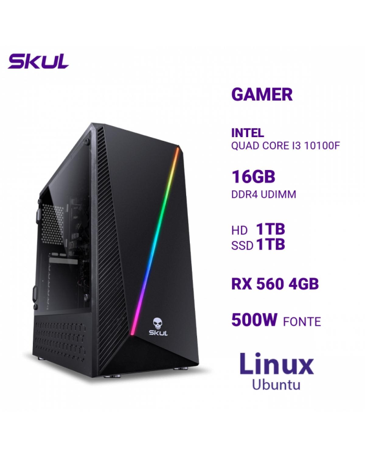 COMPUTADOR GAMER 3000 QUAD CORE I3 10100F MEM 16GB DDR4 HD 1TB SSD 1TB RX 560 4GB FONTE 500W LINUX