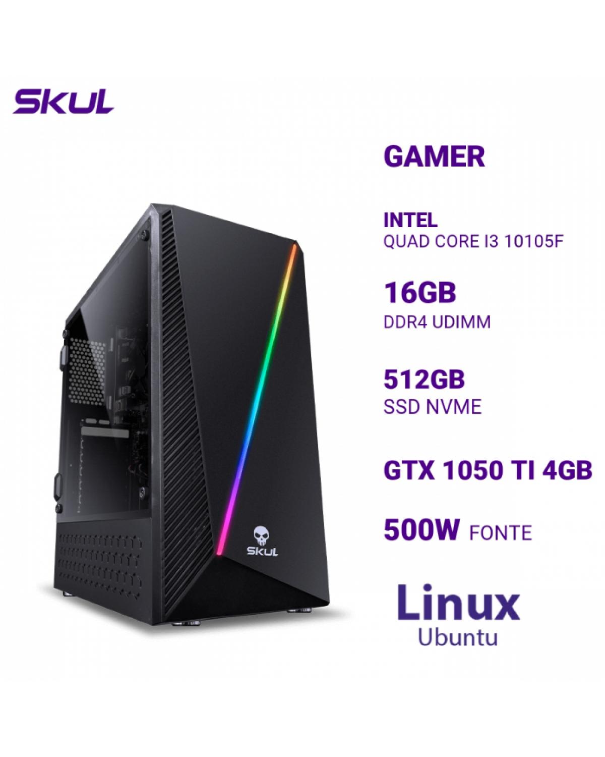 COMPUTADOR GAMER 3000 QUAD CORE I3 10105F MEM 16GB DDR4 SSD 512GB NVME GTX 1050 TI 4GB FONTE 500W LINUX