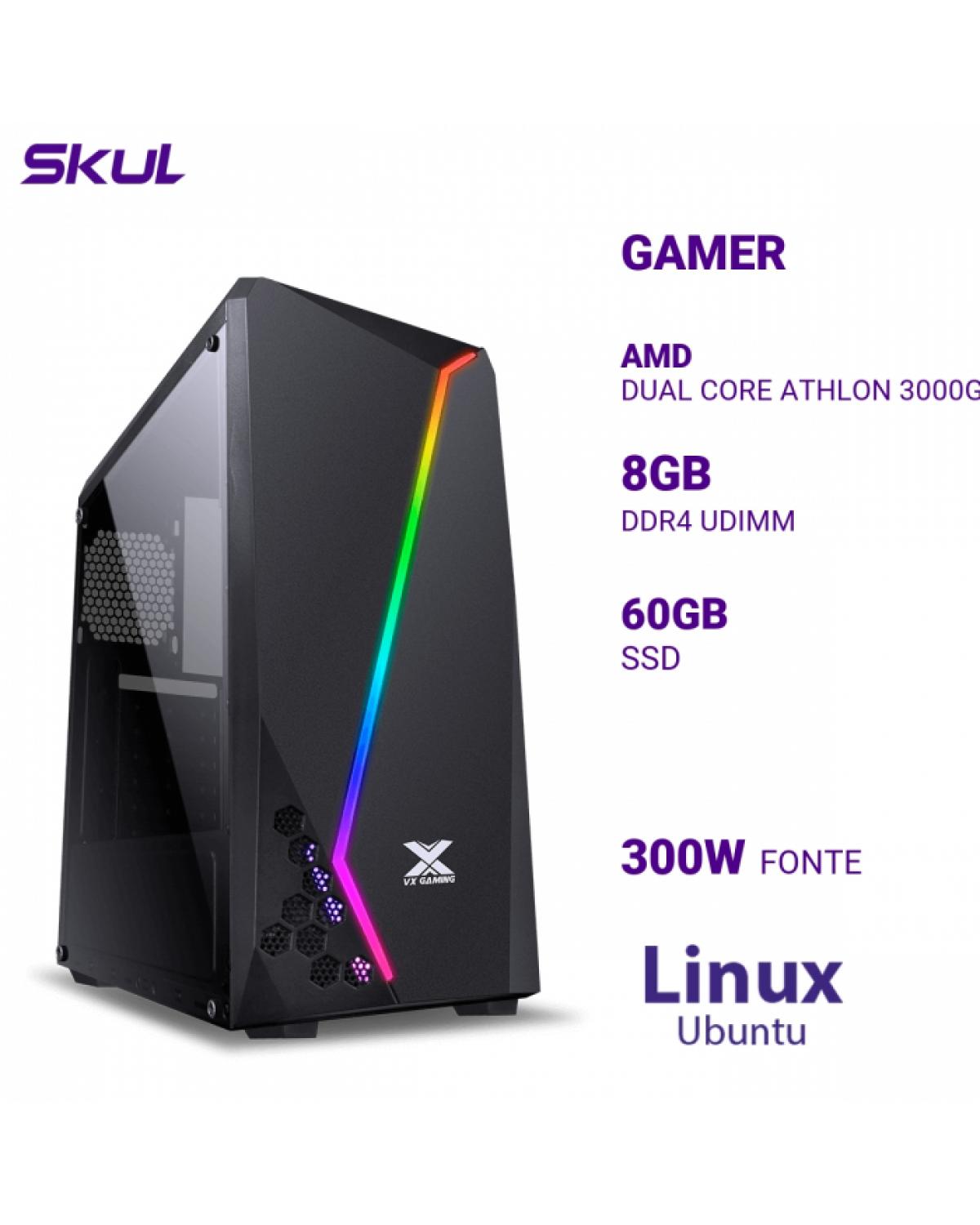 COMPUTADOR GAMER 1000 DUAL CORE ATHLON 3000G 3.50GHZ MEM 8GB DDR4 SSD 60GB FONTE 300W LINUX