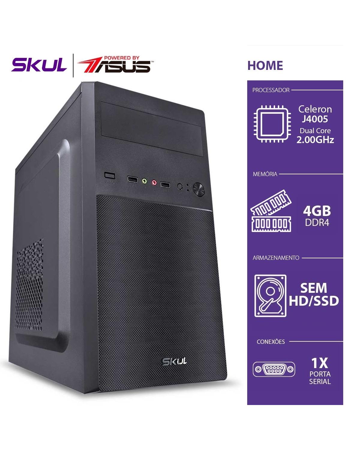 COMPUTADOR HOME H100 POWERED BY ASUS - DUAL CORE J4005 2.00GHZ MEM 4GB DDR4 UDIMM SEM HD/SSD 1X SERIAL FONTE 200W