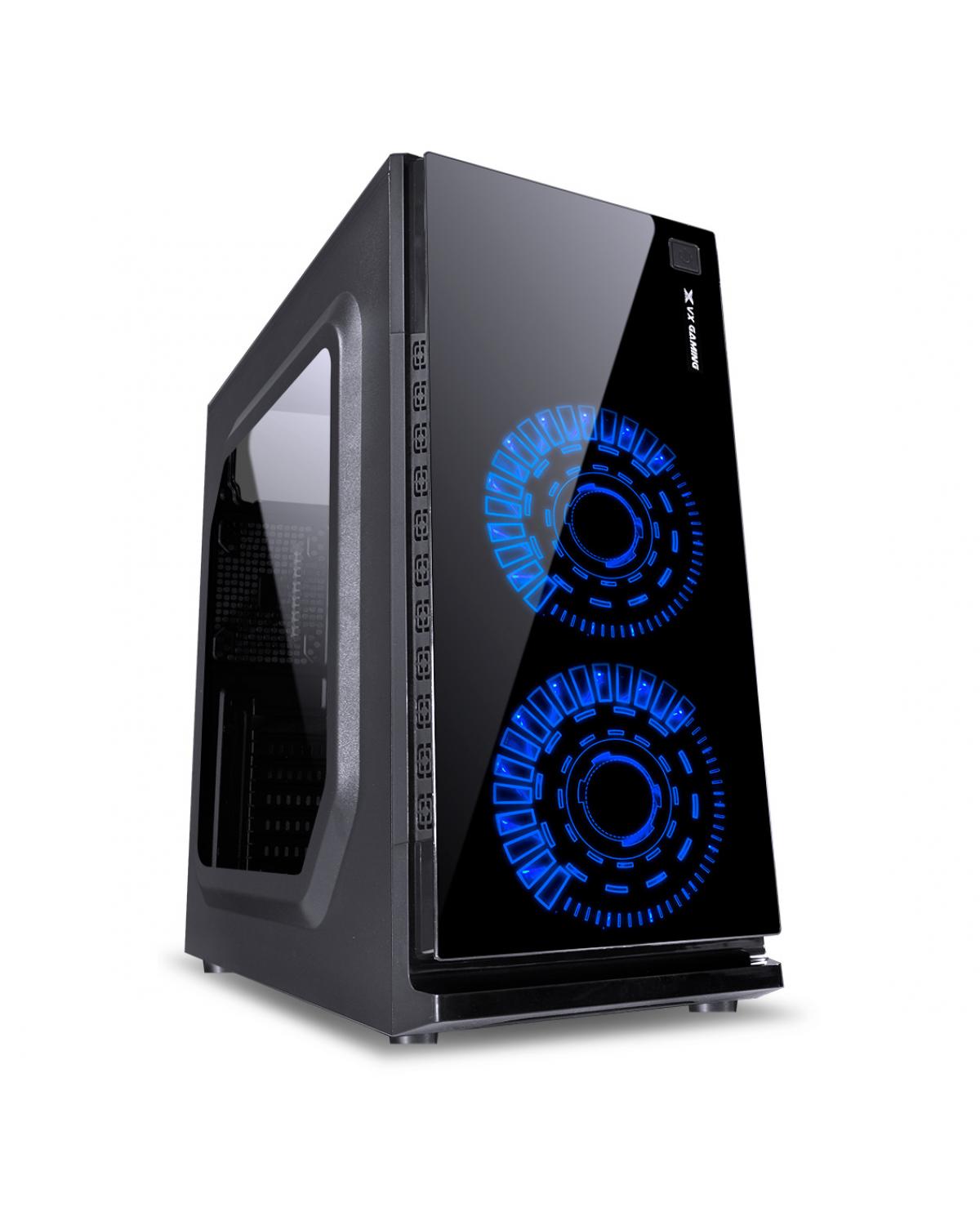 GABINETE GAMER VX GAMING CRATER COM JANELA ACRÍLICA PRETO COM 2 X FAN FRONTAL 120MM 15 PONTOS DE LED AZUL