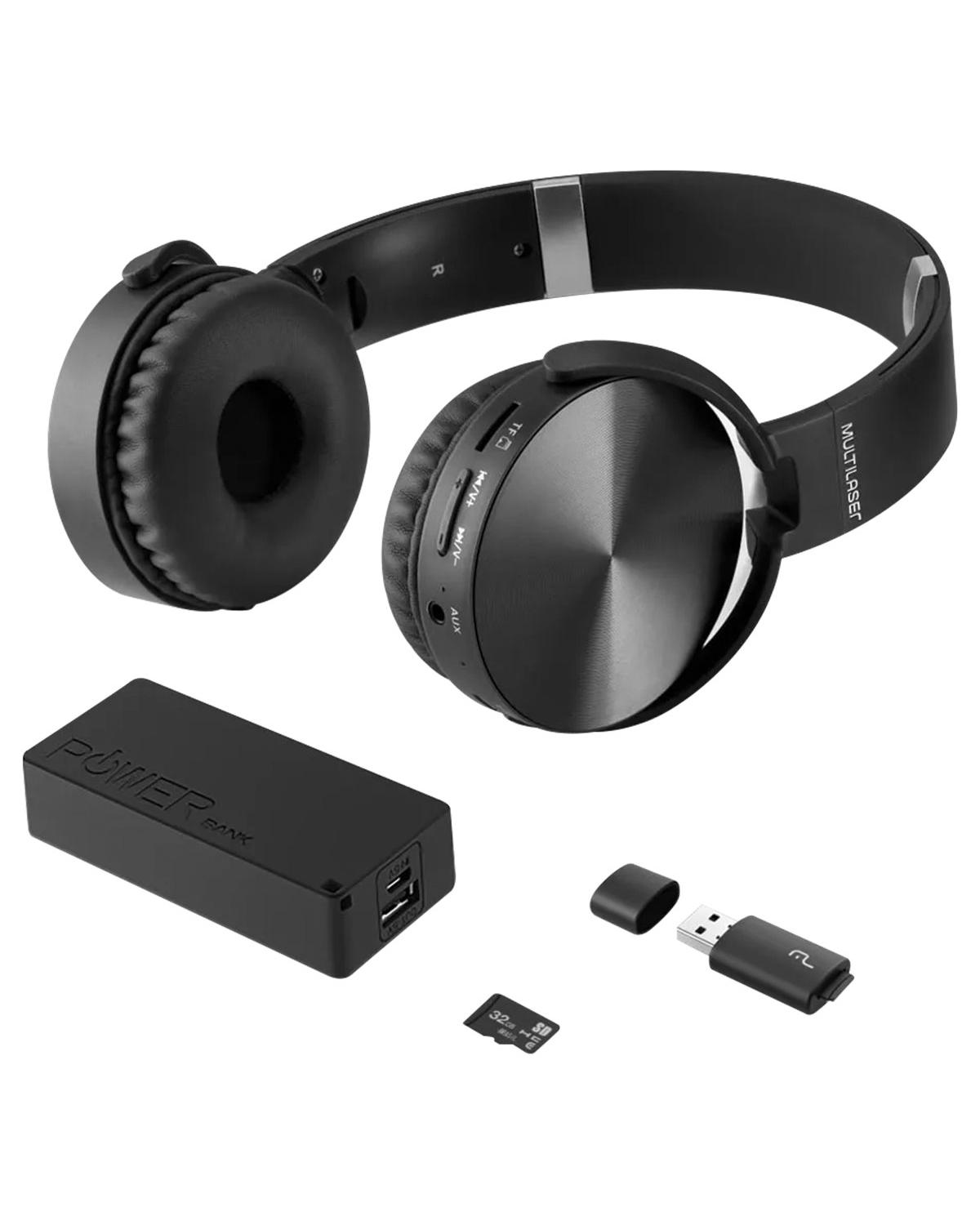 KIT MUSIC PLAY HEADPHONE BLUETOOTH SD/AUX/FM + POWER BANK 4000 MAH + LEITOR USB + MICRO SD 32GB C10  MC250