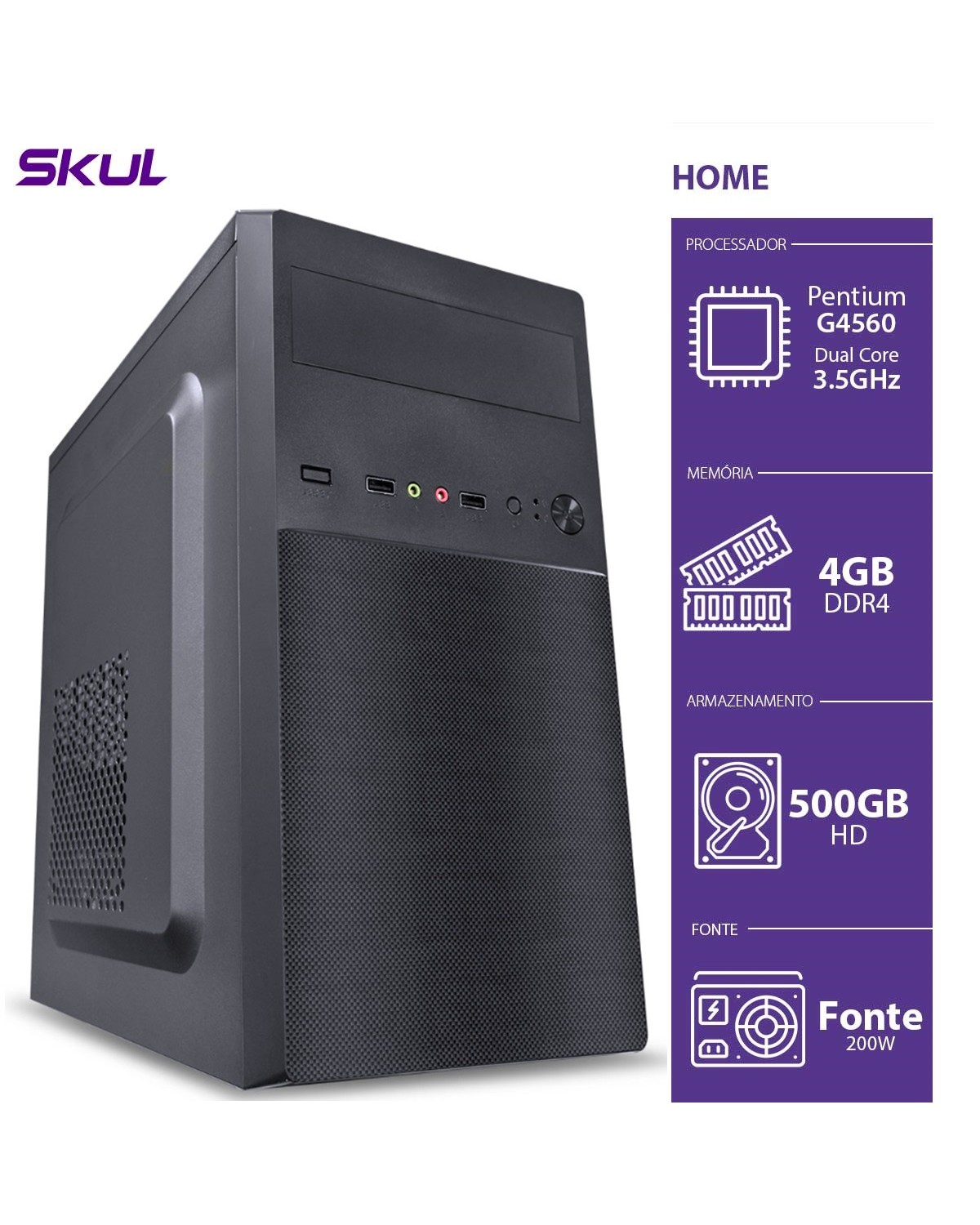 COMPUTADOR HOME H200 - PENTIUM DUAL CORE G4560 3.5GHZ 4GB DDR4 HD 500GB HDMI/VGA FONTE 200W