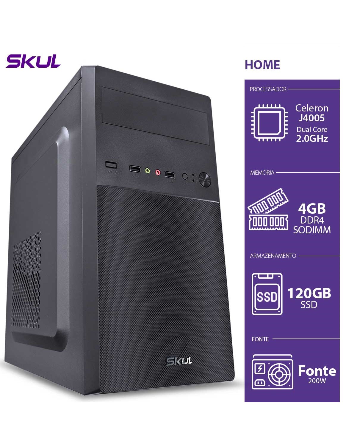 COMPUTADOR HOME H100 - CELERON DUAL CORE J4005 2.00GHZ 4GB DDR4 SSD 120GB 4XUSB 3.0 2X USB FONTE 200W