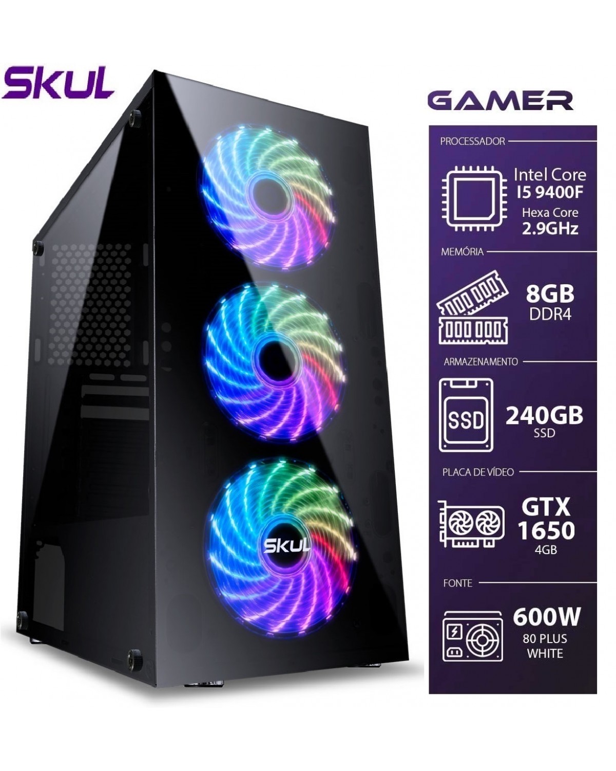 COMPUTADOR GAMER 5000 - I5 9400F 2.9GHZ 9ª GER. MEM. 8GB DDR4 SSD 240GB GTX 1650 4GB FONTE 600W WHITE