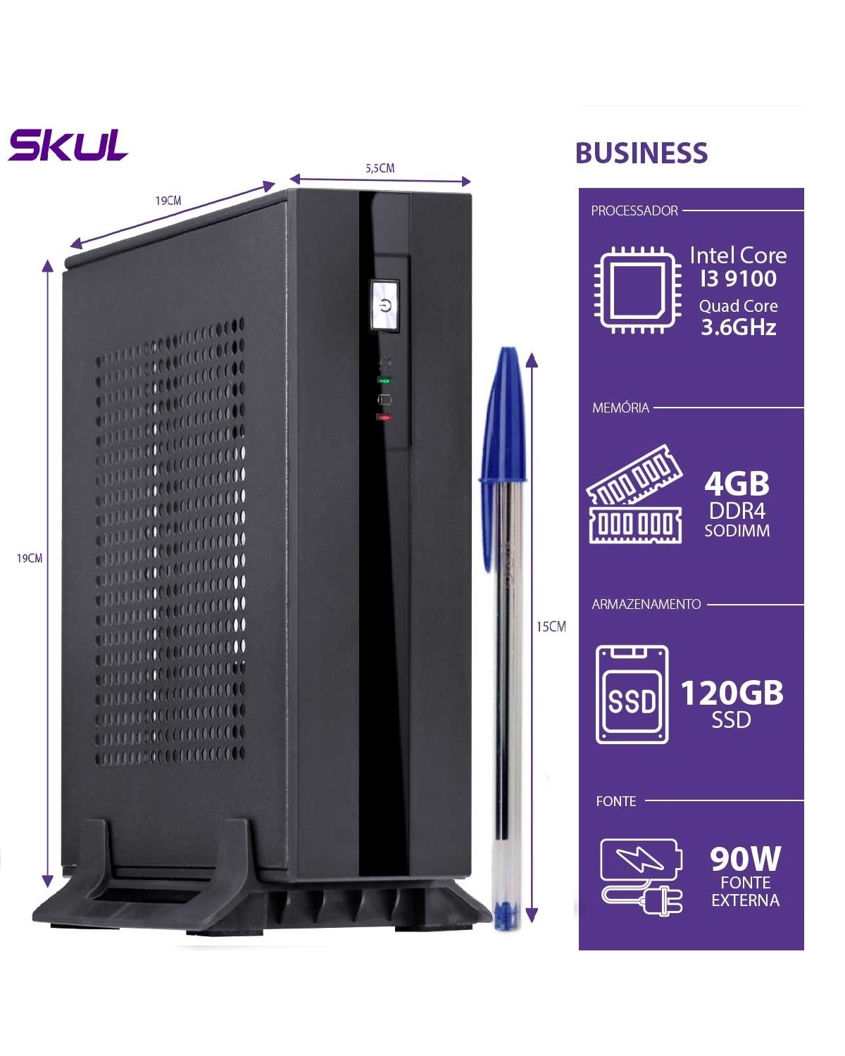 MINI COMPUTADOR BUSINESS B300 - I3 9100 3.6GHZ 4GB DDR4 SODIMM SSD 120GB HDMI/DP FONTE 90W LINUX